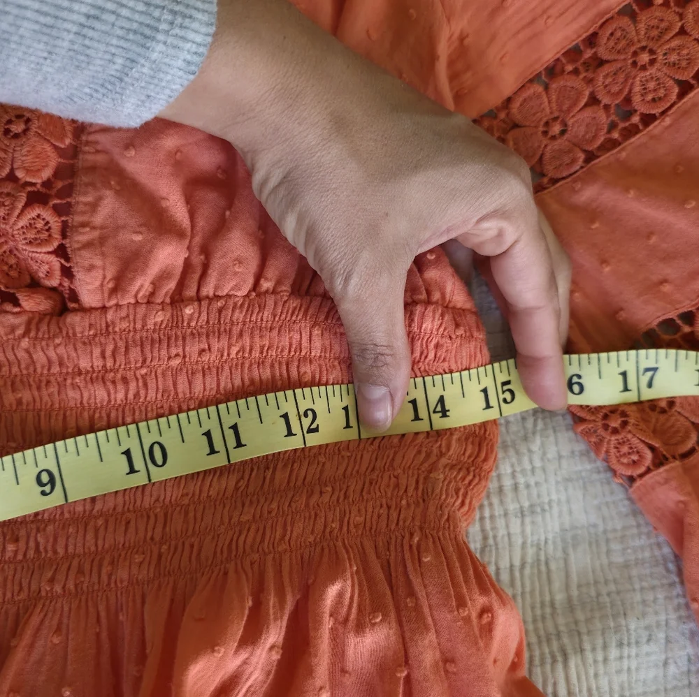 Organge Lace Cottagecore Mini Dress Long Sleeves Romantic Boho Prairie Smocked - Picture 7 of 10